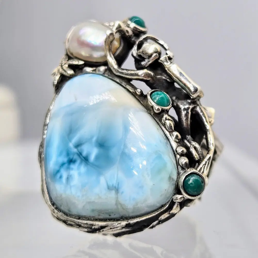 ?PEarl Diver’ Sz 8 Ring - Larimar Turquoise Pearl Sterling