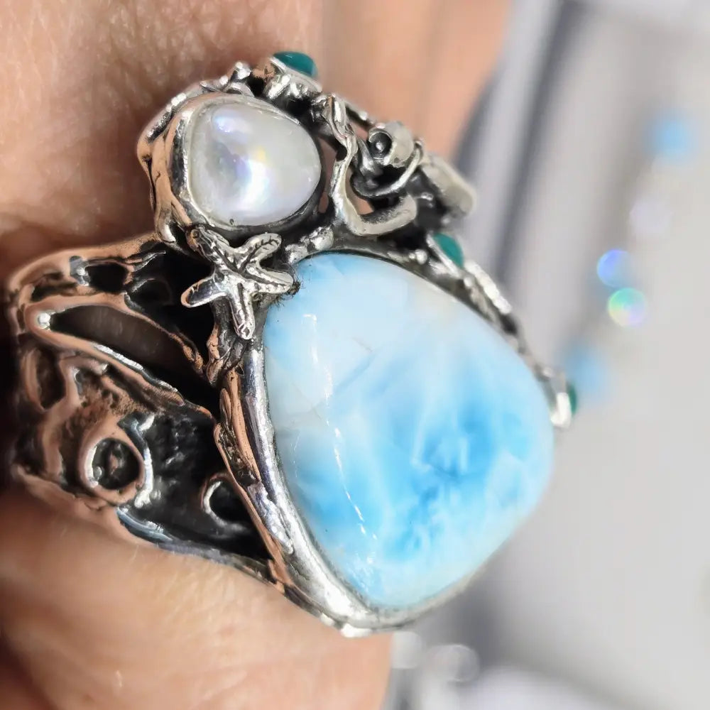 ?PEarl Diver’ Sz 8 Ring - Larimar Turquoise Pearl Sterling