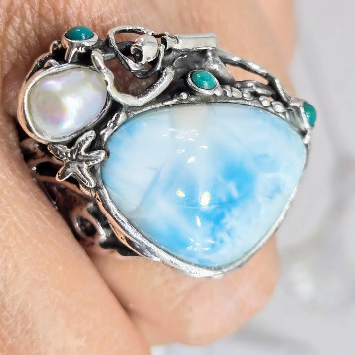 ?PEarl Diver’ Sz 8 Ring - Larimar Turquoise Pearl Sterling