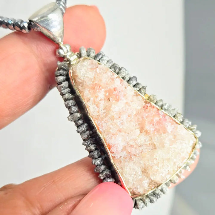 ?PEbble Beach’ Pendant Necklace - Druzy Black Diamonds Sterling Hematite Strand