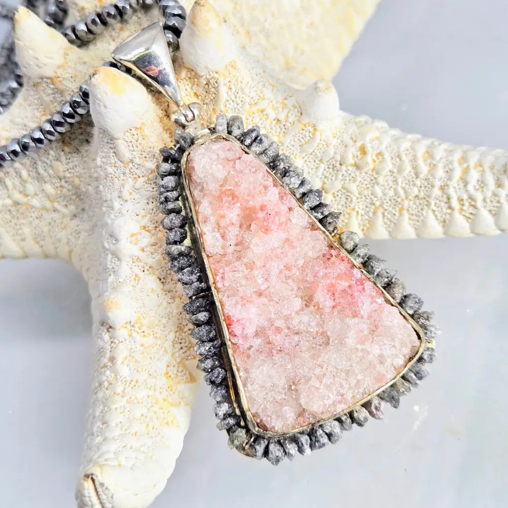 ?PEbble Beach’ Pendant Necklace - Druzy Black Diamonds Sterling Hematite Strand