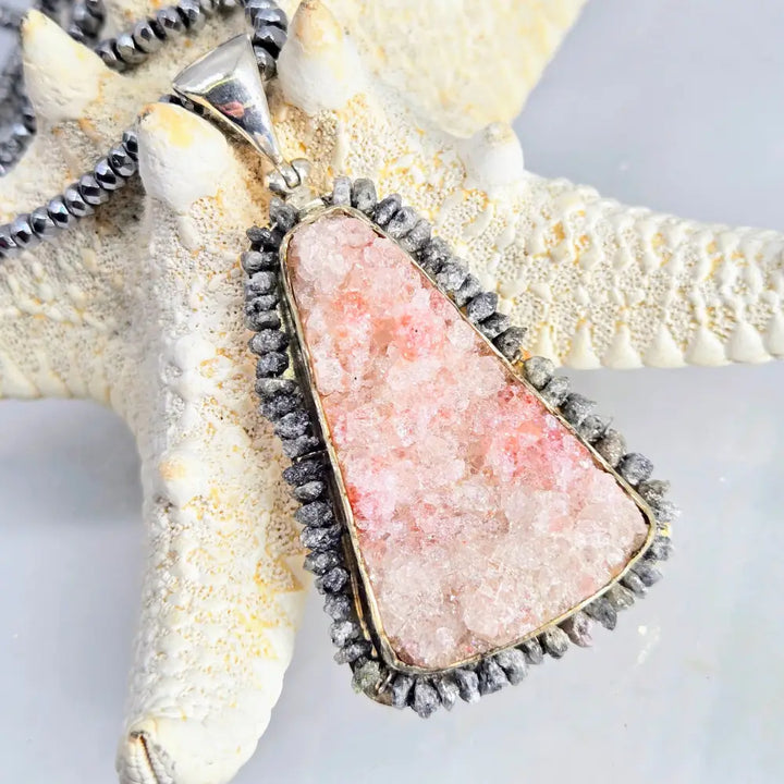 ?PEbble Beach’ Pendant Necklace - Druzy Black Diamonds Sterling Hematite Strand