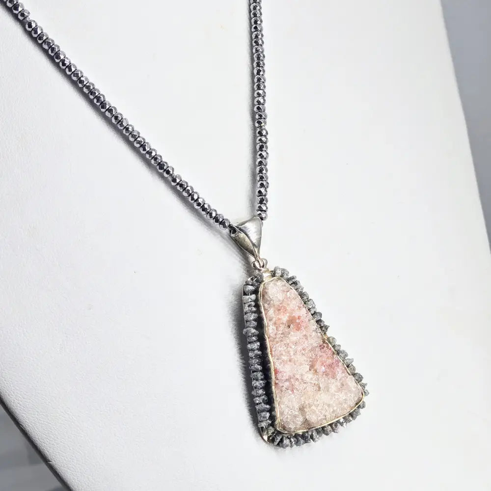 ?PEbble Beach’ Pendant Necklace - Druzy Black Diamonds Sterling Hematite Strand