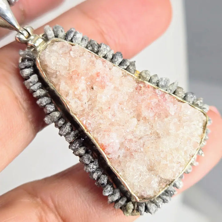 ?PEbble Beach’ Pendant Necklace - Druzy Black Diamonds Sterling Hematite Strand