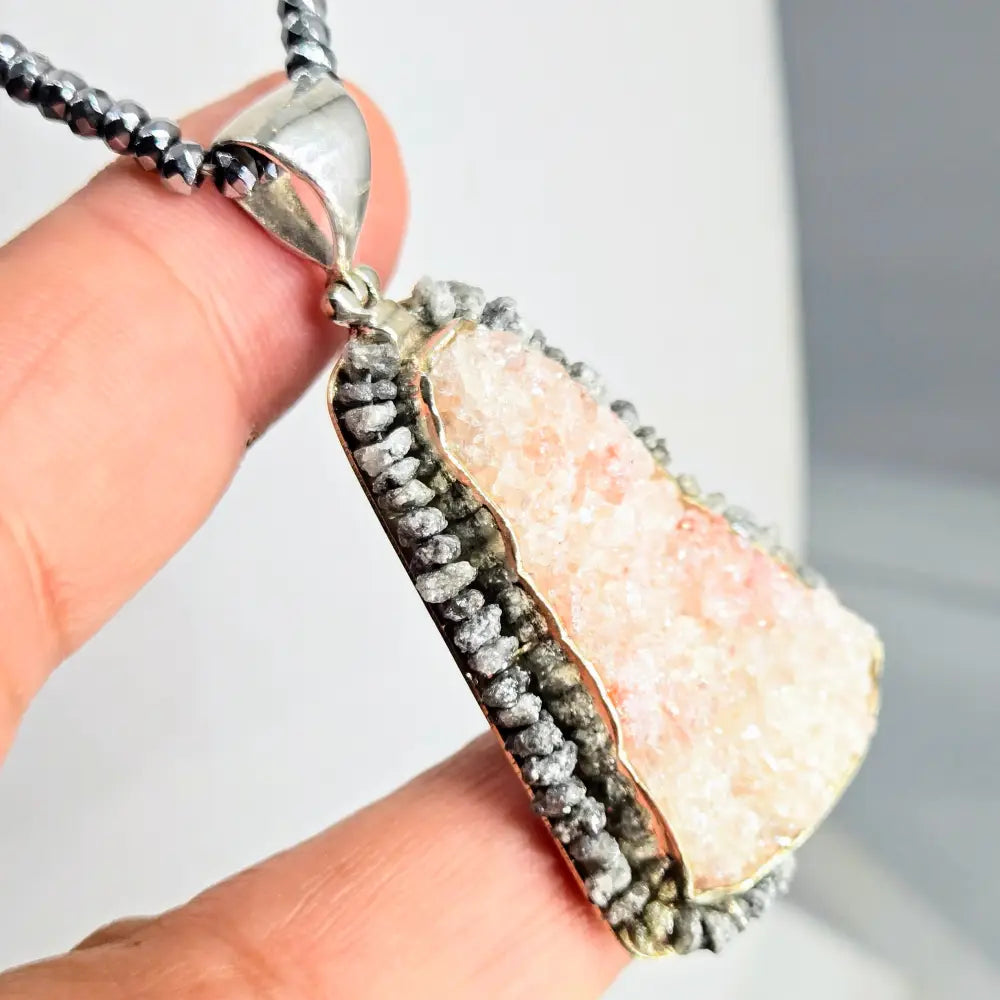 ?PEbble Beach’ Pendant Necklace - Druzy Black Diamonds Sterling Hematite Strand