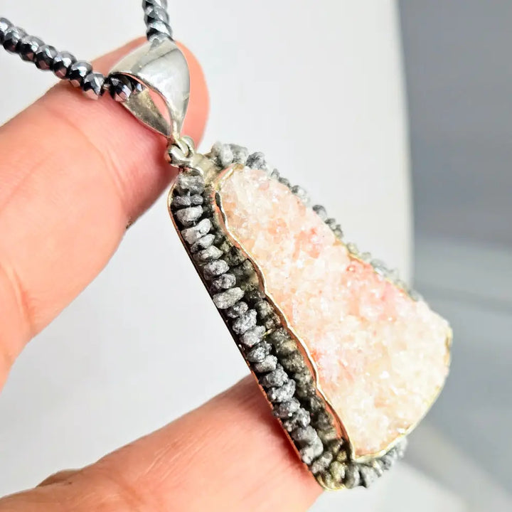 ?PEbble Beach’ Pendant Necklace - Druzy Black Diamonds Sterling Hematite Strand