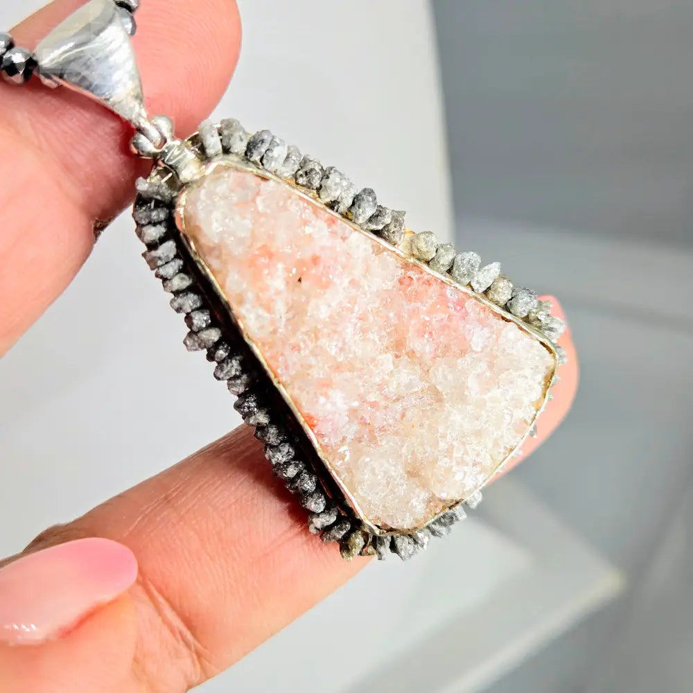 ?PEbble Beach’ Pendant Necklace - Druzy Black Diamonds Sterling Hematite Strand