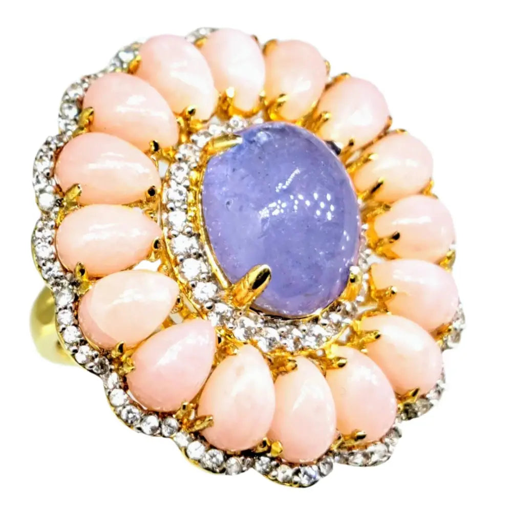 ?PEtal Pusher’ Sz 7.5 Ring - Tanzanite Pink Opal White Zircon 18k Gold Sterling - Size