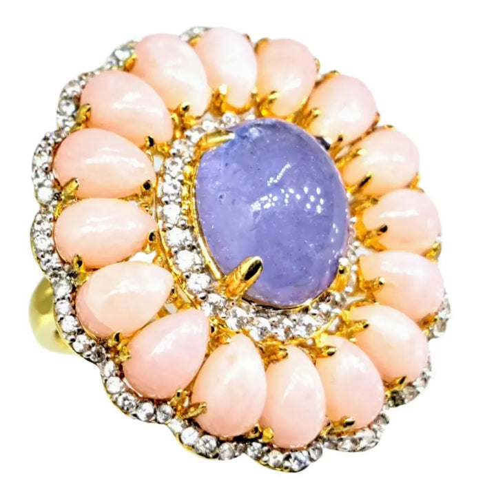 ?PEtal Pusher’ Sz 7.5 Ring - Tanzanite Pink Opal White Zircon 18k Gold Sterling - Size