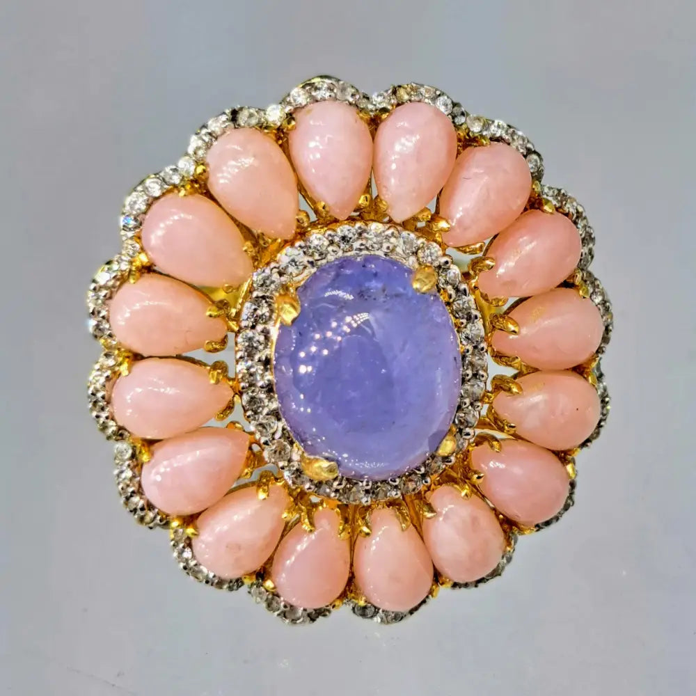 ?PEtal Pusher’ Sz 7.5 Ring - Tanzanite Pink Opal White Zircon 18k Gold Sterling - Size