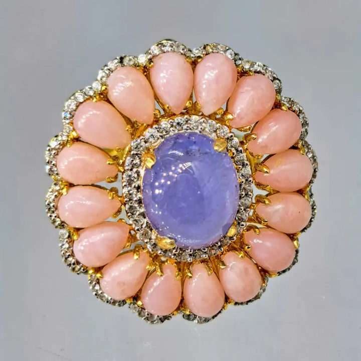 ?PEtal Pusher’ Sz 7.5 Ring - Tanzanite Pink Opal White Zircon 18k Gold Sterling - Size