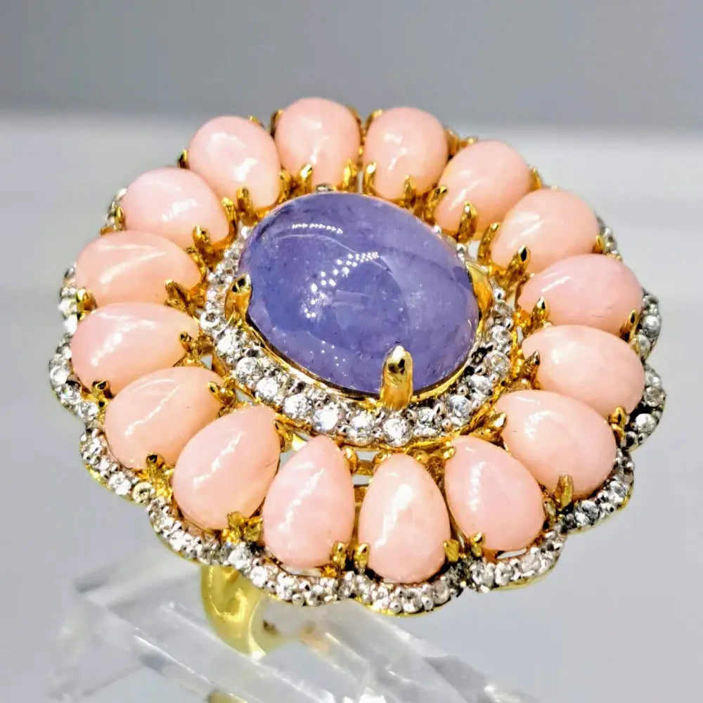 ?PEtal Pusher’ Sz 7.5 Ring - Tanzanite Pink Opal White Zircon 18k Gold Sterling - Size