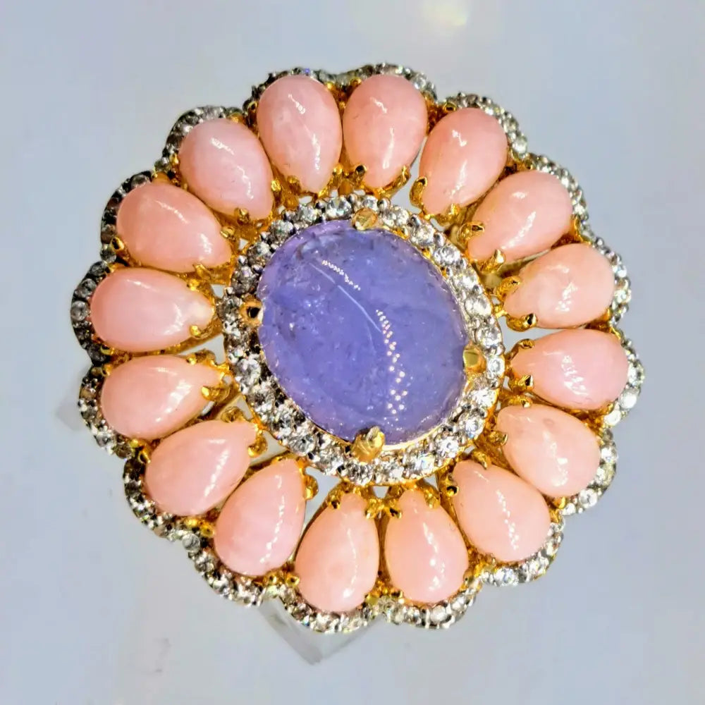 ?PEtal Pusher’ Sz 7.5 Ring - Tanzanite Pink Opal White Zircon 18k Gold Sterling - Size