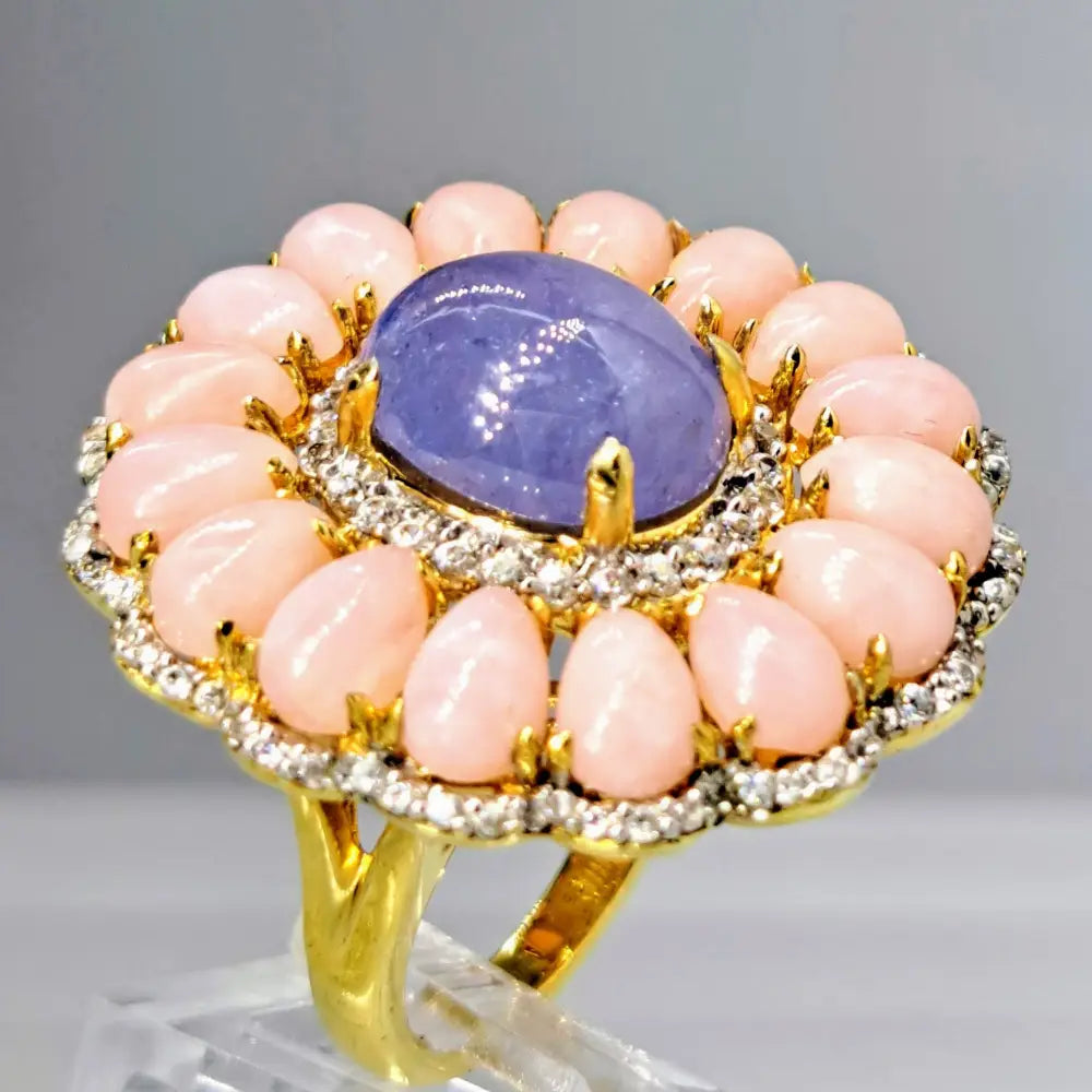 ?PEtal Pusher’ Sz 7.5 Ring - Tanzanite Pink Opal White Zircon 18k Gold Sterling - Size