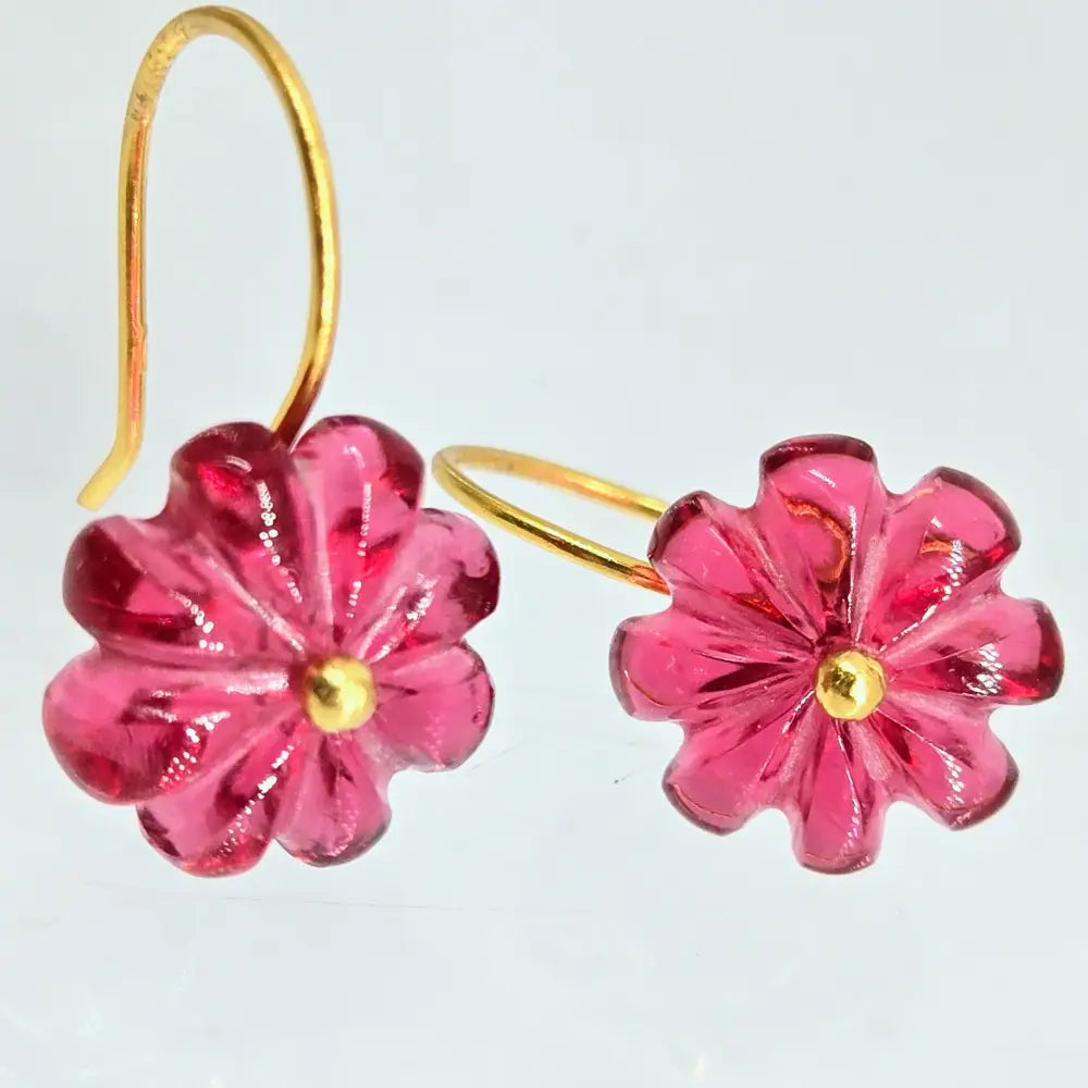 ?PEtit Fleur’ 1’’ Earrings - Carved Gemstone Flowers 18k Gold Sterling - 2. Pink Quartz