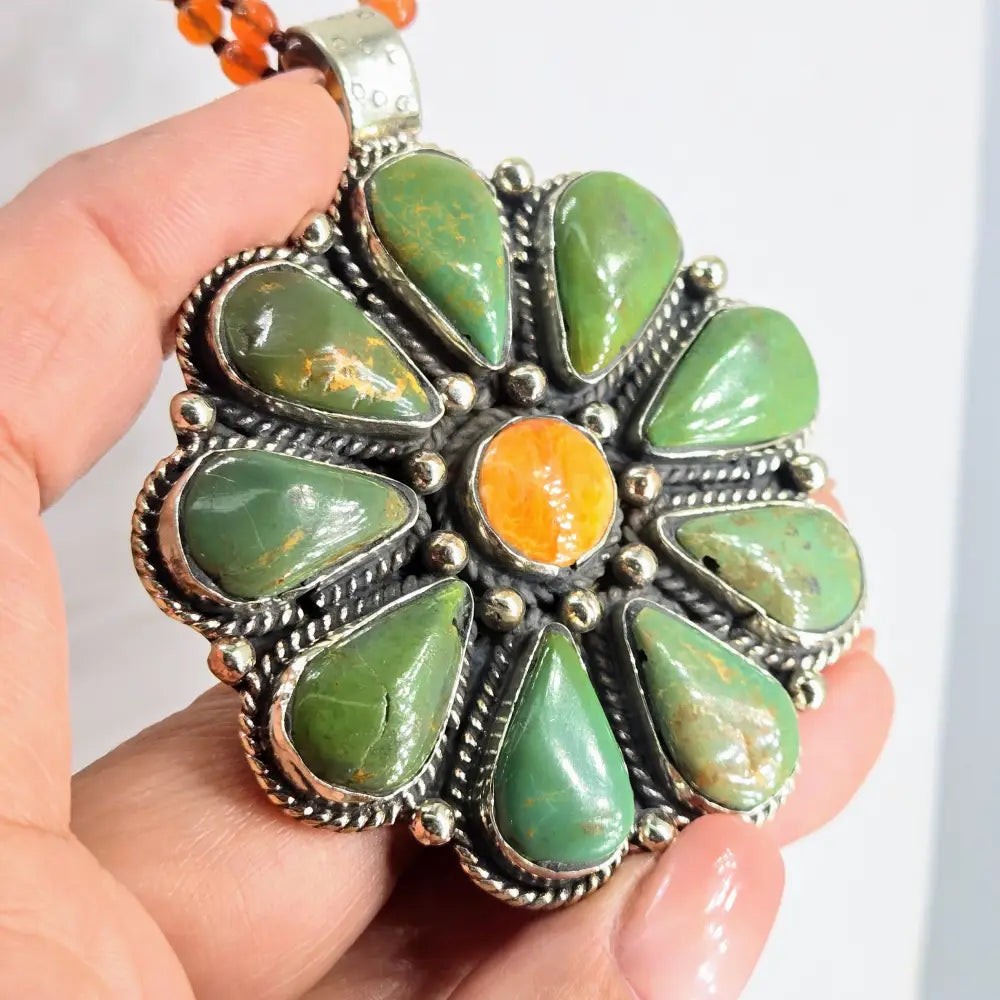 ?PEyote Blossom’ Pendant Necklace - Kingman Turquoise Spiny Oyster Carnelian German Silver - Pendant