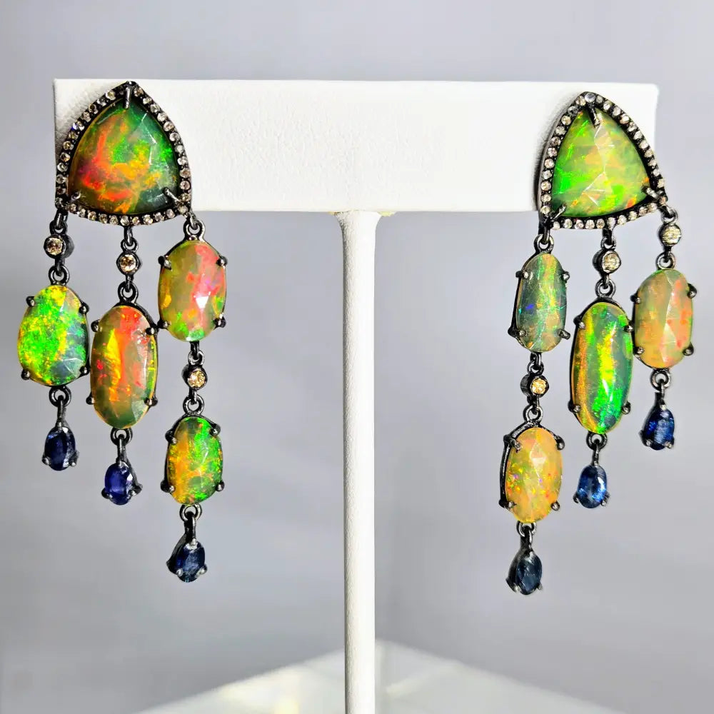?PHosphorescence’ 2.25’’ Earrings - Opal Diamond Sapphire Black Sterling 18k Accents