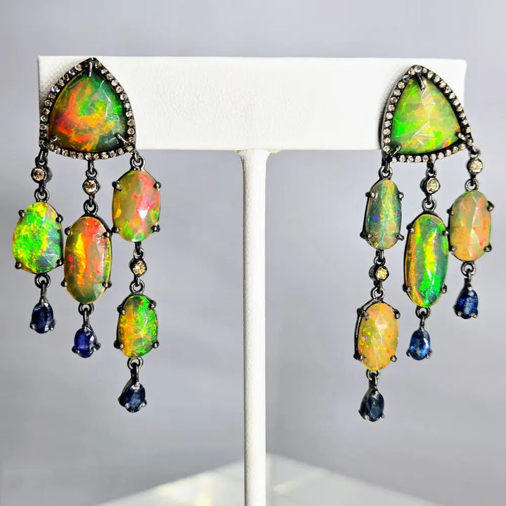 ?PHosphorescence’ 2.25’’ Earrings - Opal Diamond Sapphire Black Sterling 18k Accents