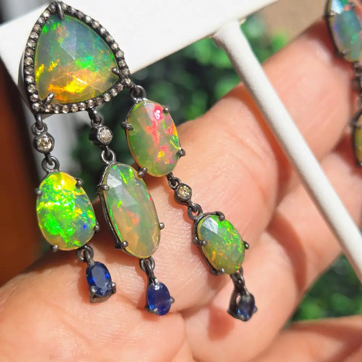 ?PHosphorescence’ 2.25’’ Earrings - Opal Diamond Sapphire Black Sterling 18k Accents