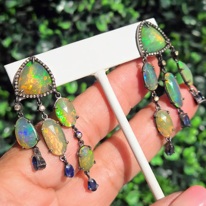 ?PHosphorescence’ 2.25’’ Earrings - Opal Diamond Sapphire Black Sterling 18k Accents