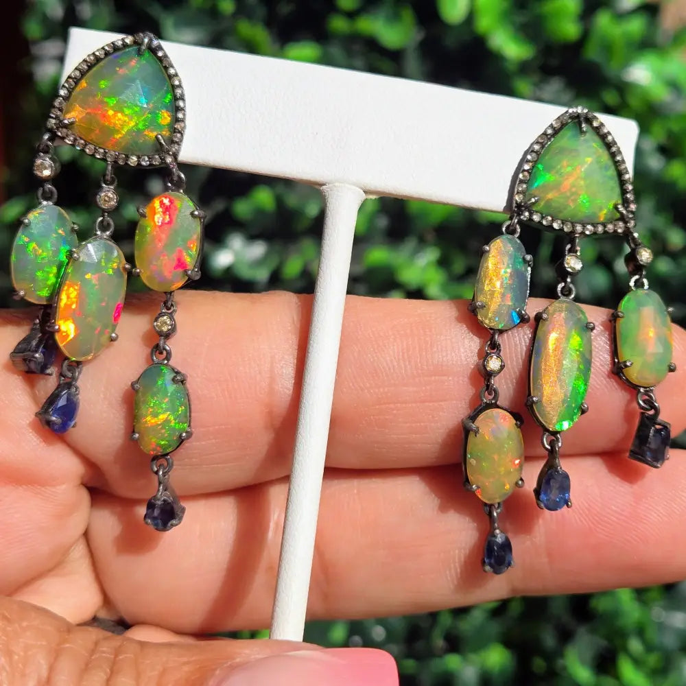 ?PHosphorescence’ 2.25’’ Earrings - Opal Diamond Sapphire Black Sterling 18k Accents