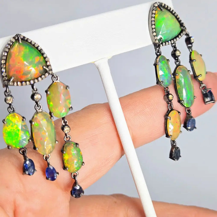 ?PHosphorescence’ 2.25’’ Earrings - Opal Diamond Sapphire Black Sterling 18k Accents