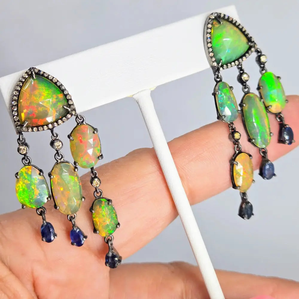 ?PHosphorescence’ 2.25’’ Earrings - Opal Diamond Sapphire Black Sterling 18k Accents