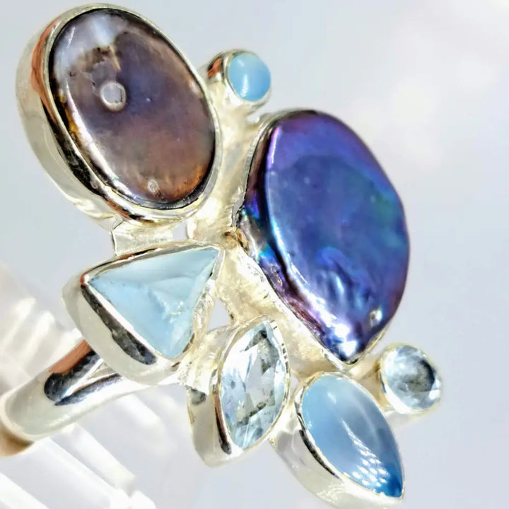 ?PRetty as a Peacock’ Sz 9 Ring - Pearl Chalcedony Aquamarine Topaz Sterling