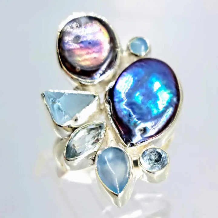 ?PRetty as a Peacock’ Sz 9 Ring - Pearl Chalcedony Aquamarine Topaz Sterling