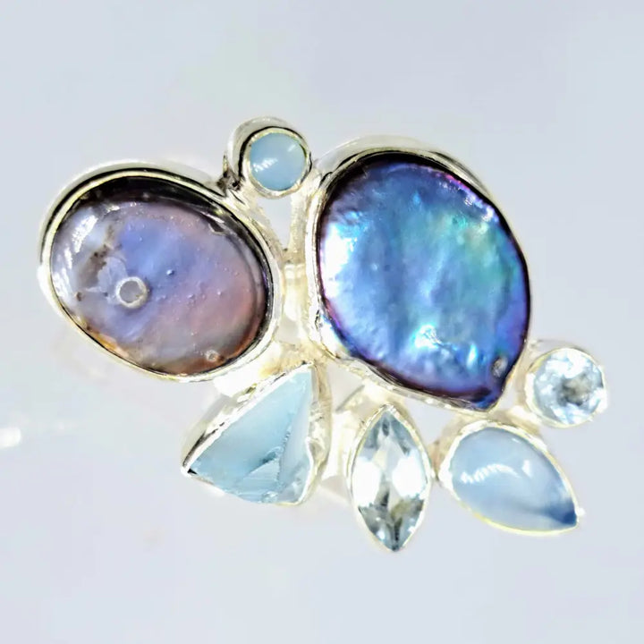 ?PRetty as a Peacock’ Sz 9 Ring - Pearl Chalcedony Aquamarine Topaz Sterling