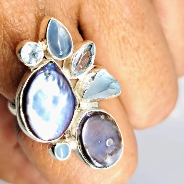 ?PRetty as a Peacock’ Sz 9 Ring - Pearl Chalcedony Aquamarine Topaz Sterling