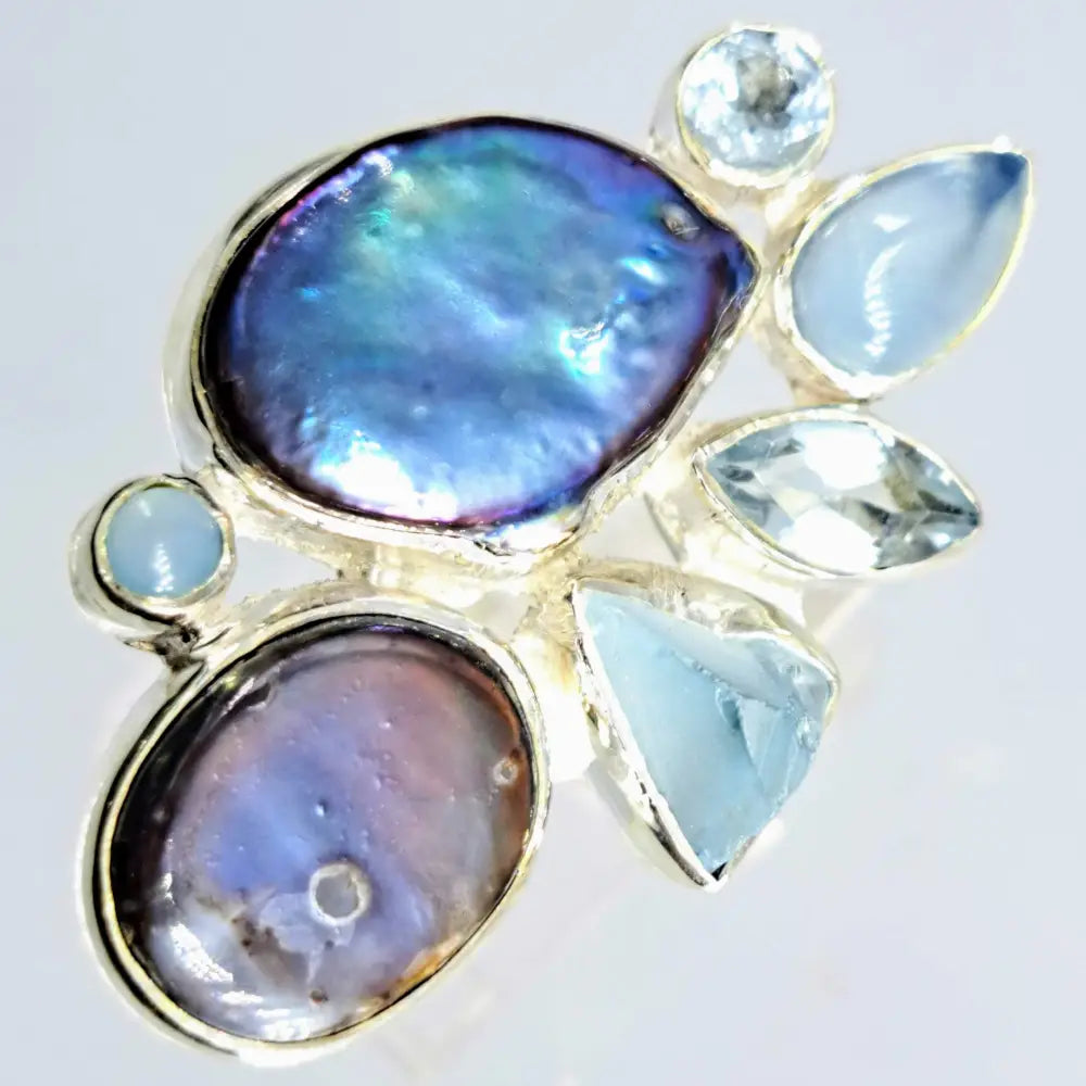 ?PRetty as a Peacock’ Sz 9 Ring - Pearl Chalcedony Aquamarine Topaz Sterling