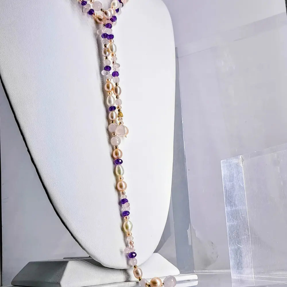 ?PRetty in Pink’ 50’’ Lariat Necklace - Amethyst Rose Quartz Pearl 14k Gold