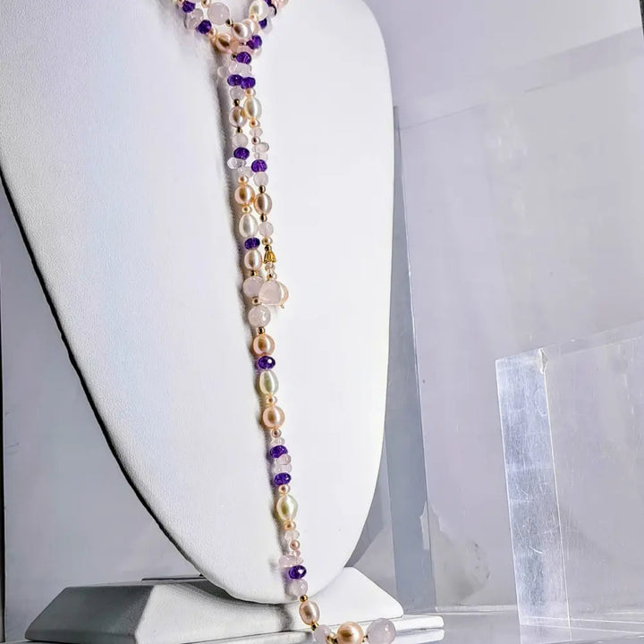 Outlet ?Pretty in Pink’ 50’’ Lariat Necklace - Amethyst Rose Quartz Pearl 14k Gold
