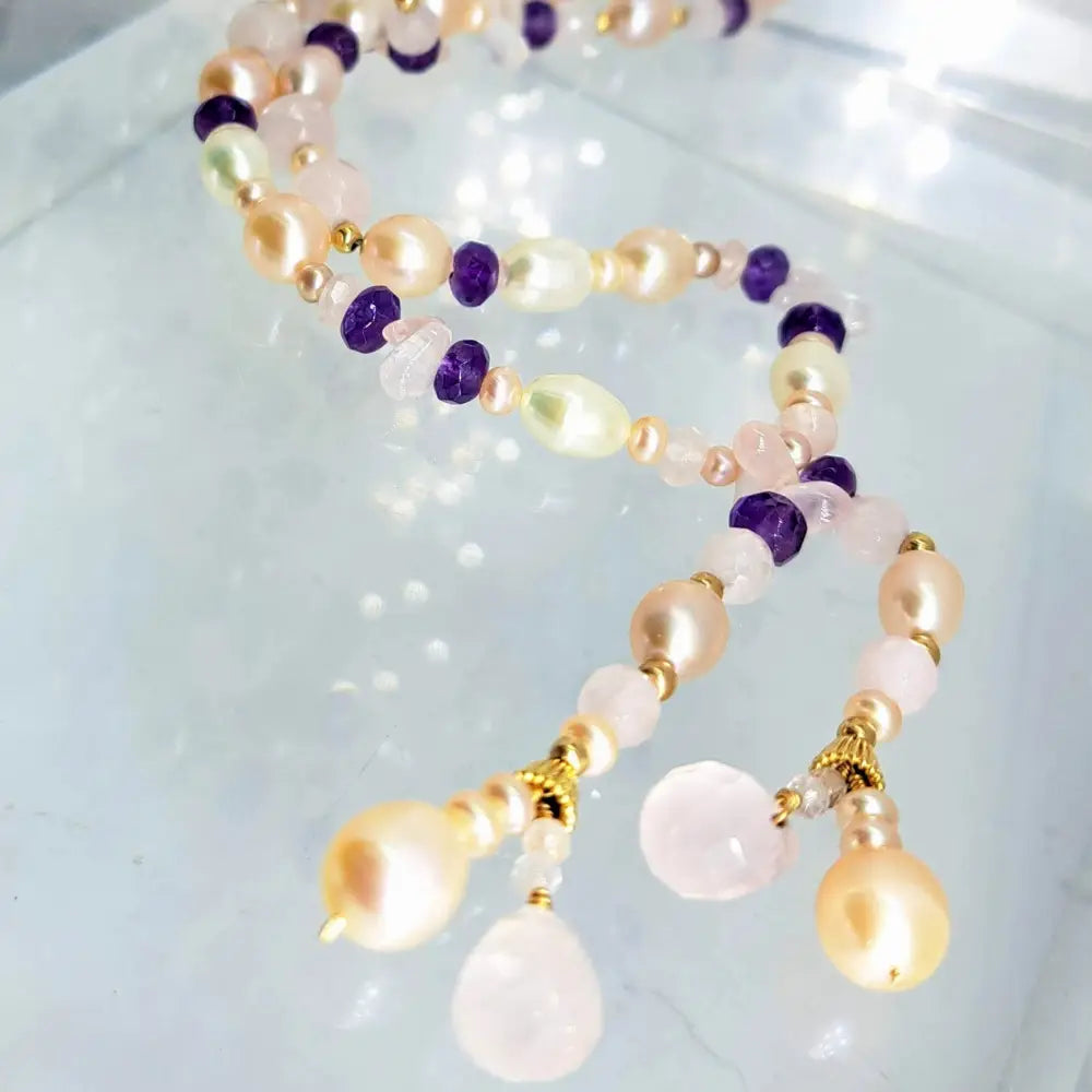Outlet ?Pretty in Pink’ 50’’ Lariat Necklace - Amethyst Rose Quartz Pearl 14k Gold