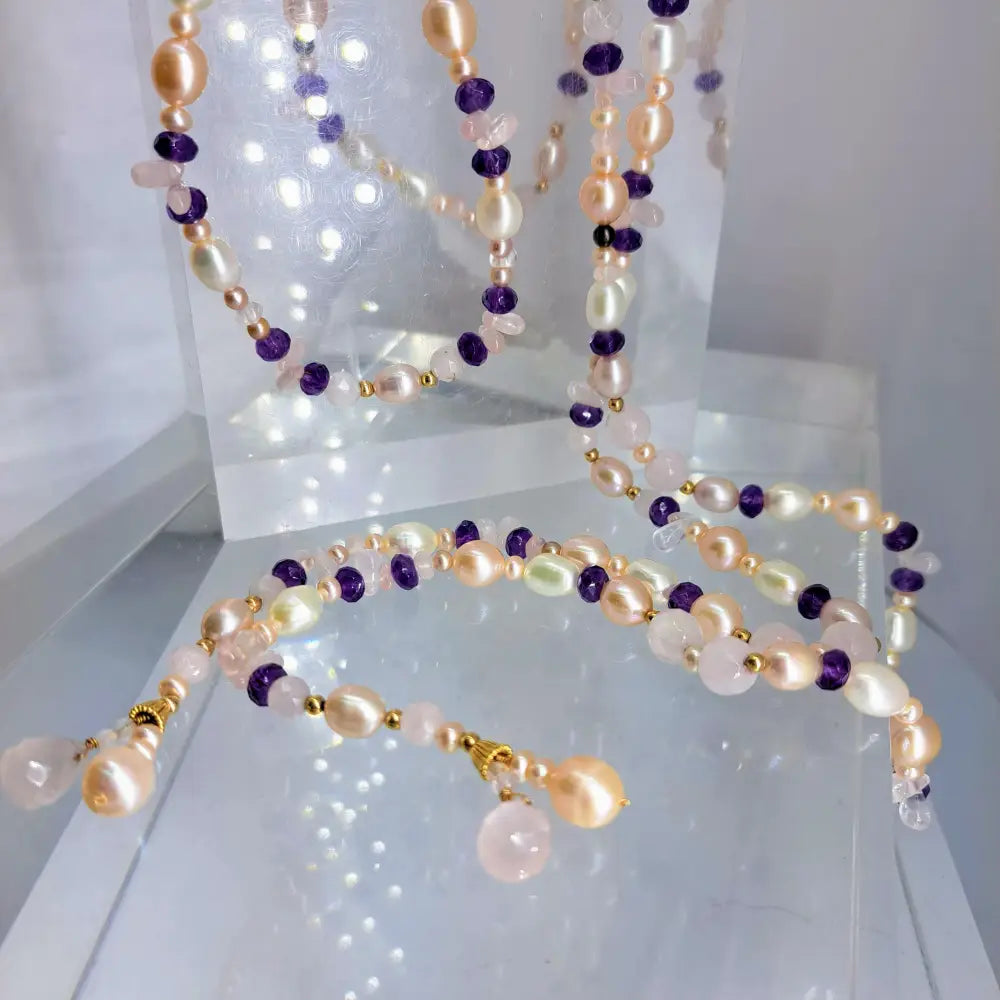 Outlet ?Pretty in Pink’ 50’’ Lariat Necklace - Amethyst Rose Quartz Pearl 14k Gold