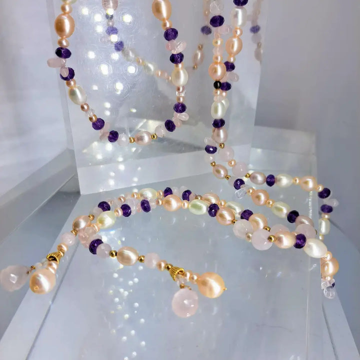 Outlet ?Pretty in Pink’ 50’’ Lariat Necklace - Amethyst Rose Quartz Pearl 14k Gold