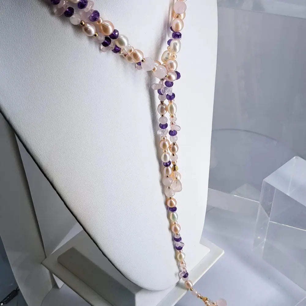 Outlet ?Pretty in Pink’ 50’’ Lariat Necklace - Amethyst Rose Quartz Pearl 14k Gold