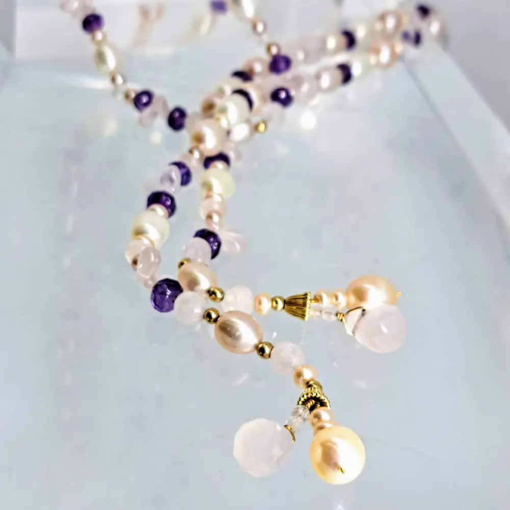 Outlet ?Pretty in Pink’ 50’’ Lariat Necklace - Amethyst Rose Quartz Pearl 14k Gold