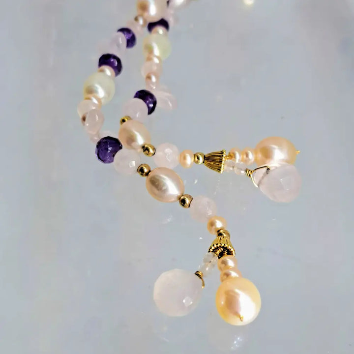Outlet ?Pretty in Pink’ 50’’ Lariat Necklace - Amethyst Rose Quartz Pearl 14k Gold