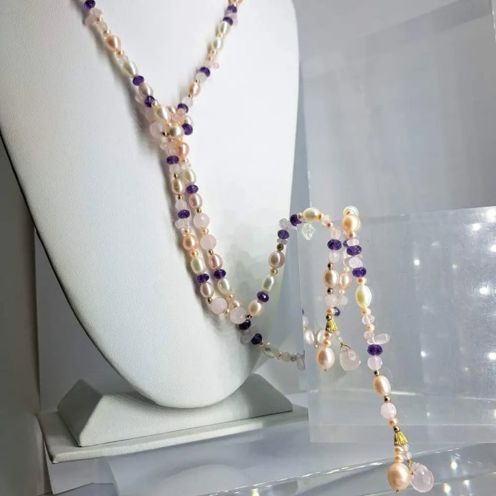 Outlet ?Pretty in Pink’ 50’’ Lariat Necklace - Amethyst Rose Quartz Pearl 14k Gold