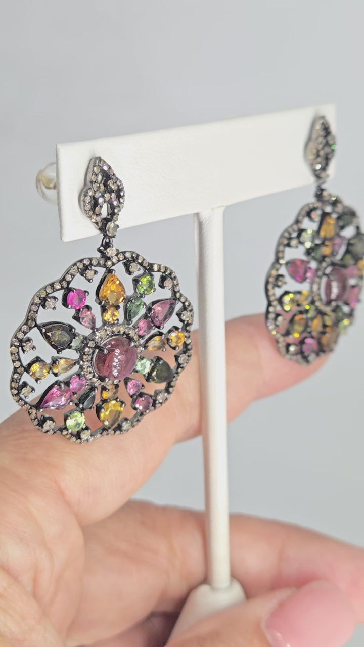 "Pinwheels" Tourmaline & Diamond Mandala Earrings