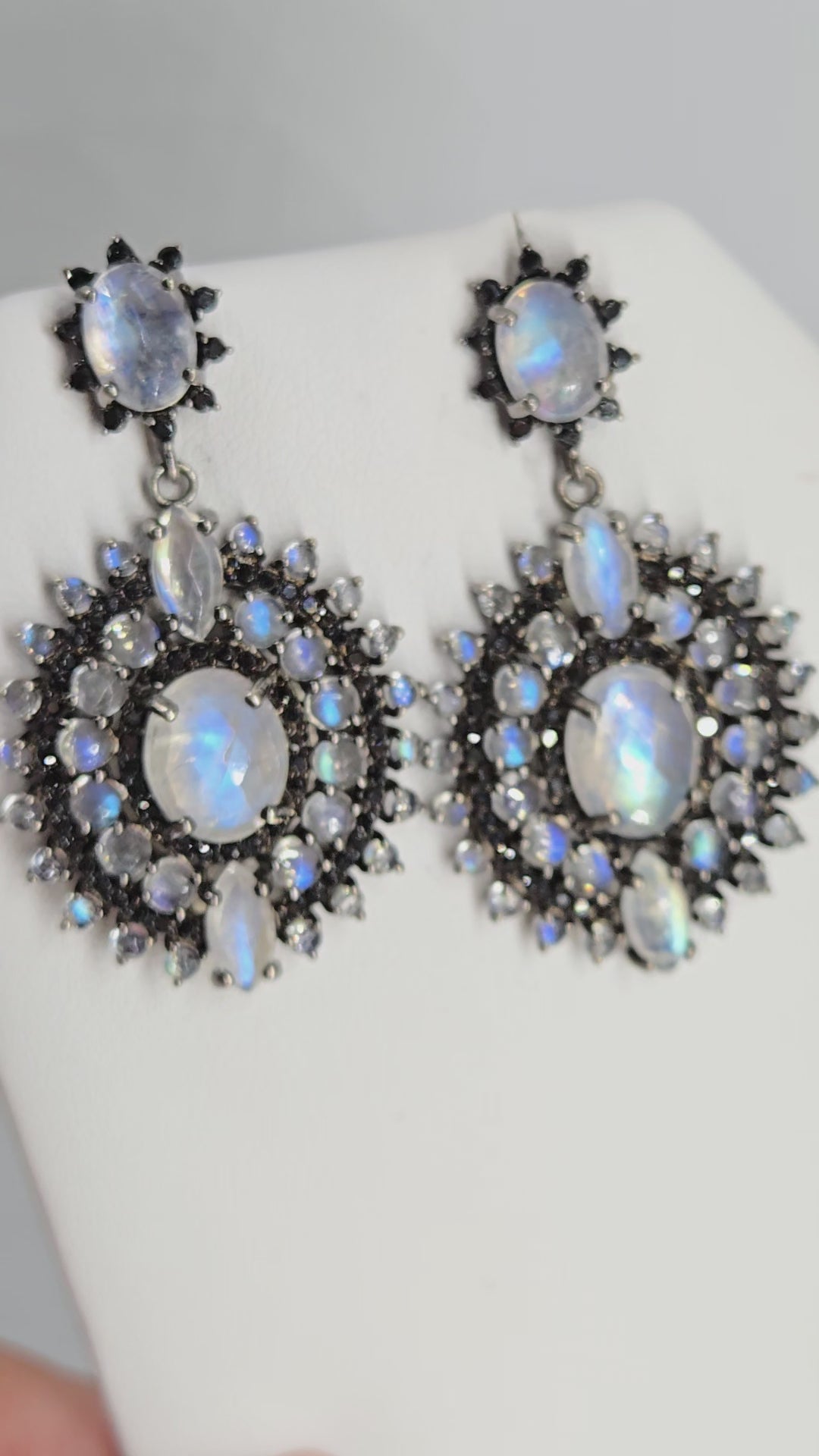 "Serious Moonlight" 1.75" Earrings - Moonstone, Spinel, Black Sterling