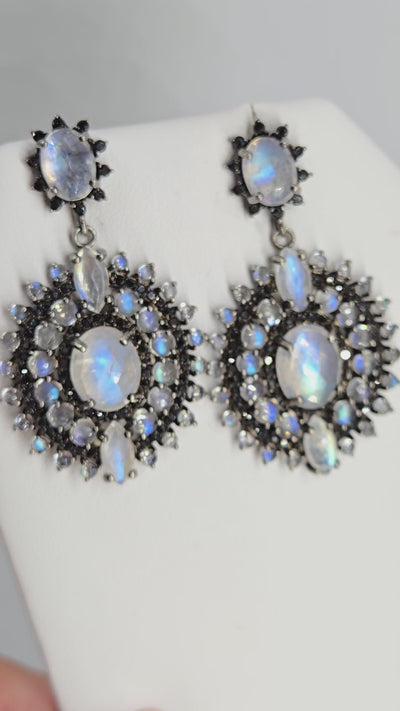 "Serious Moonlight" 1.75" Earrings - Moonstone, Spinel, Black Sterling