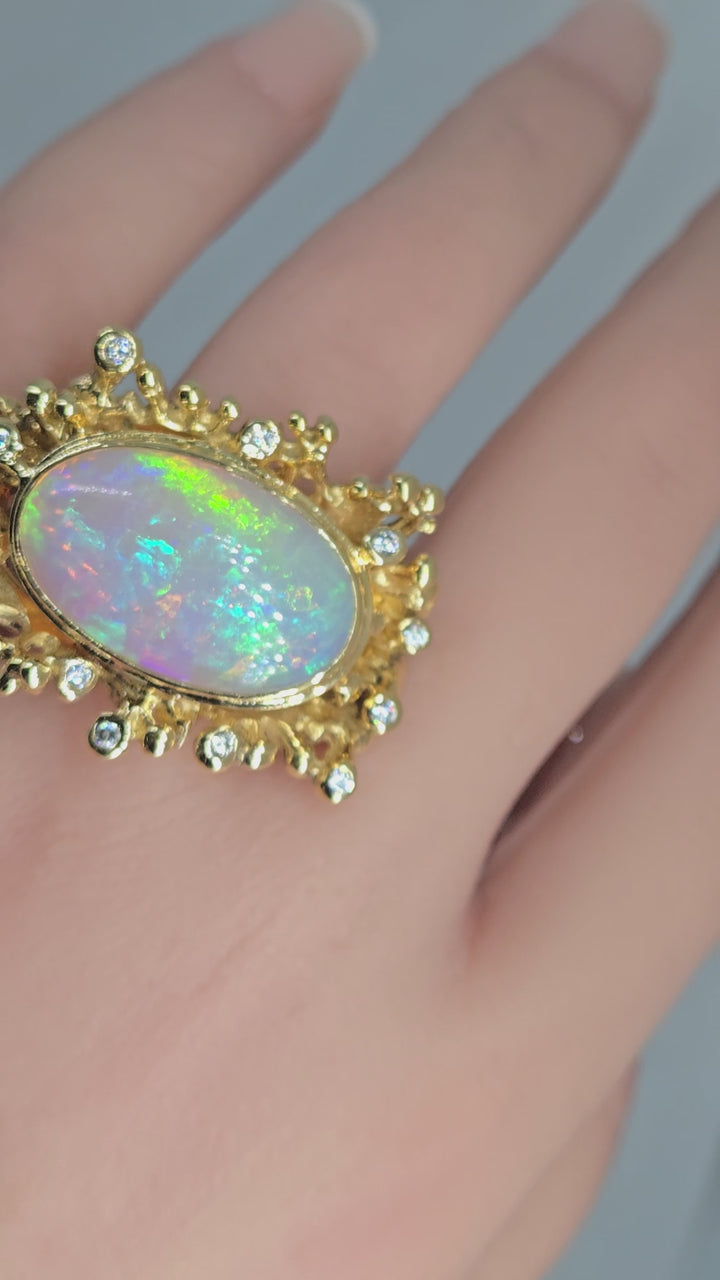"Heaven" Sz7 Ring - Welo Opal Coral Reef Motif, 18k Gold Sterling