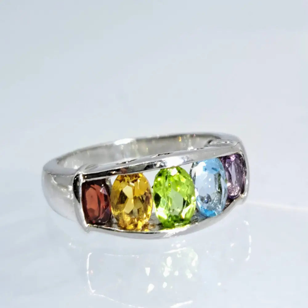 ?RAinbow’ Sz 5 Ring - Garnet Citrine Peridot Topaz Amethyst Sterling - Anti-tarnish Treated