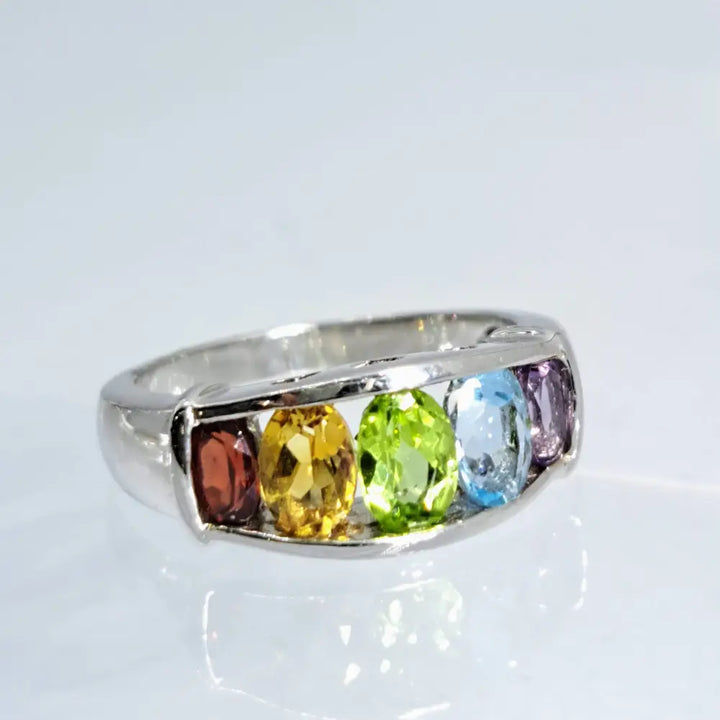 ?RAinbow’ Sz 5 Ring - Garnet Citrine Peridot Topaz Amethyst Sterling - Anti-tarnish Treated