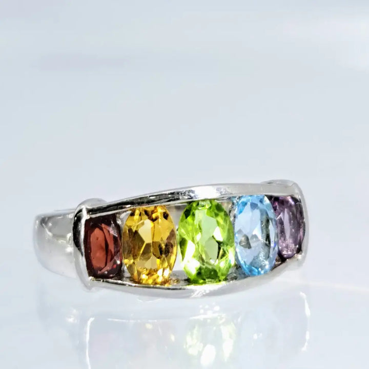 ?RAinbow’ Sz 5 Ring - Garnet Citrine Peridot Topaz Amethyst Sterling - Anti-tarnish Treated