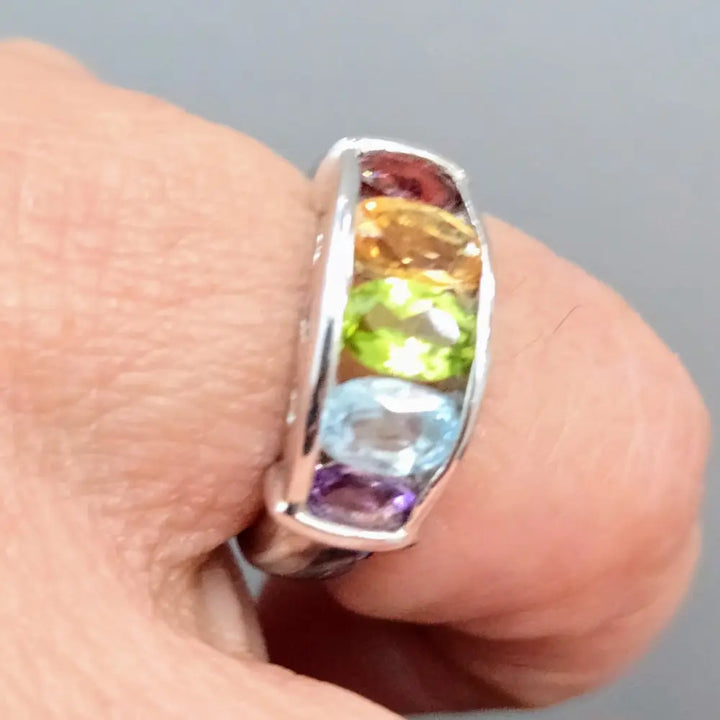 ?RAinbow’ Sz 5 Ring - Garnet Citrine Peridot Topaz Amethyst Sterling - Anti-tarnish Treated