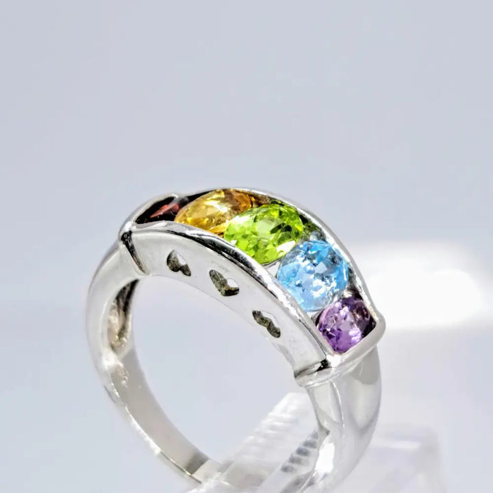 ?RAinbow’ Sz 5 Ring - Garnet Citrine Peridot Topaz Amethyst Sterling - Anti-tarnish Treated